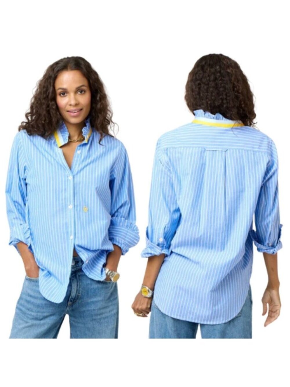 Kerri Rosenthal Long Sleeve Mia Stripe Ruffle Button Down Shirt Blue Size: Small